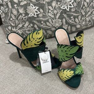 Zara Green and Yellow Leaf Design Women's Heels